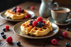Waffeln mit Toppings und Kakaopulver