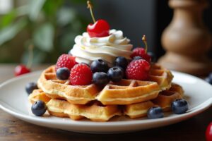 Waffeln mit Topping und Kirschen